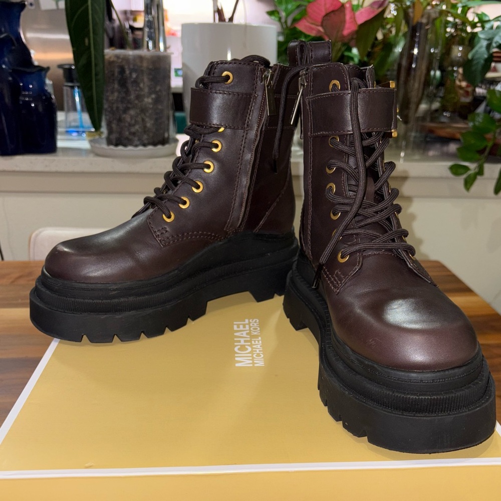 Michael Kors Brown Combat Moto Boots with Chunky Soles